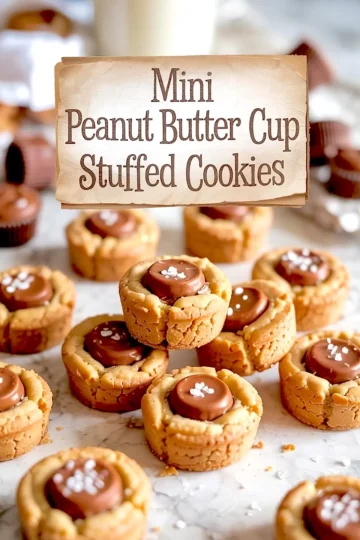 Mini peanut butter cup stuffed cookies arranged on a marble surface with a rustic paper label in the background. Each cookie has a soft, golden base and a smooth chocolate center dusted with sea salt.