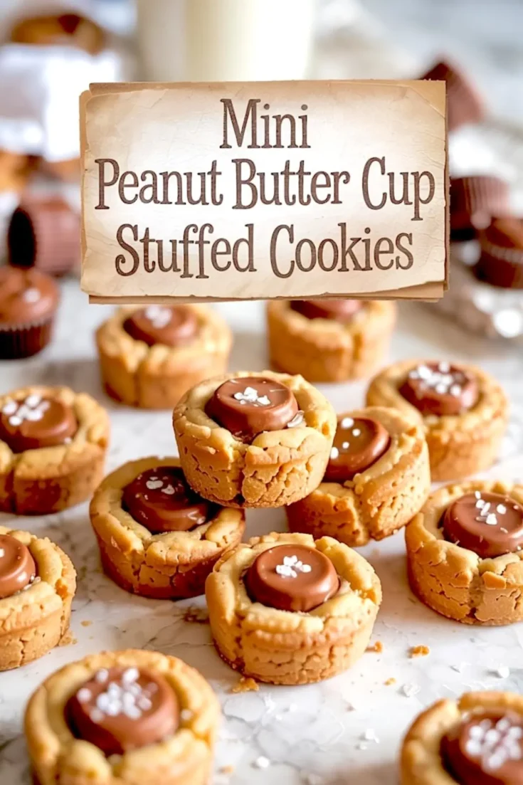 Mini peanut butter cup stuffed cookies arranged on a marble surface with a rustic paper label in the background. Each cookie has a soft, golden base and a smooth chocolate center dusted with sea salt.
