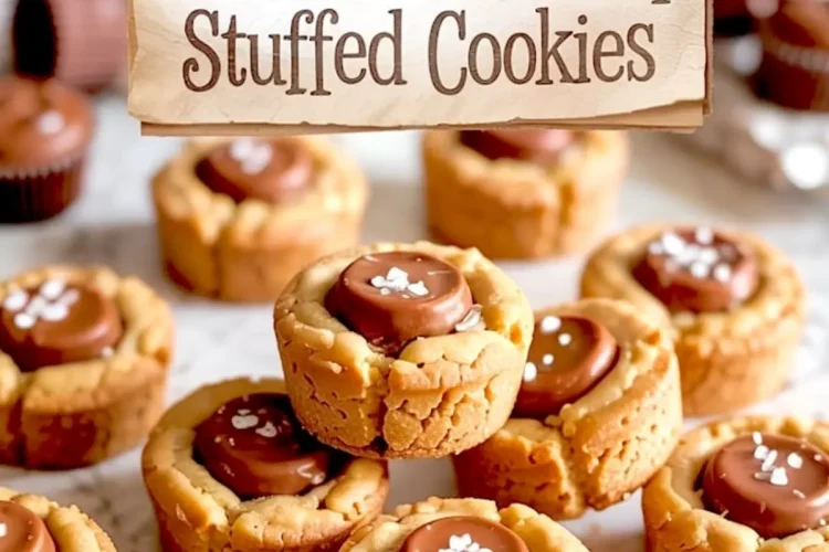 Mini peanut butter cup stuffed cookies arranged on a marble surface with a rustic paper label in the background. Each cookie has a soft, golden base and a smooth chocolate center dusted with sea salt.