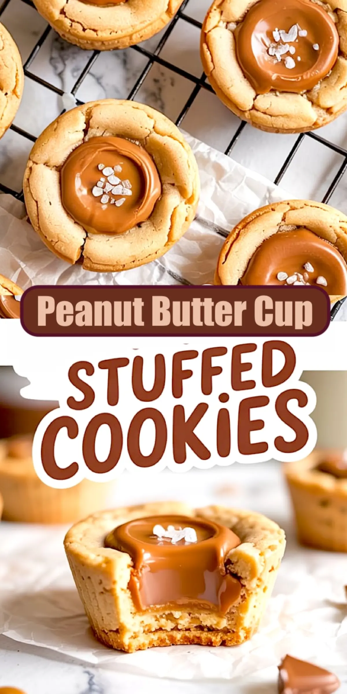 Close-up collage of thick peanut butter cup stuffed cookies, featuring golden cookie cups filled with creamy peanut butter cups, topped with flaky sea salt. The top half shows cookies on a cooling rack, while the bottom highlights a cross-section with gooey peanut butter center on parchment paper.