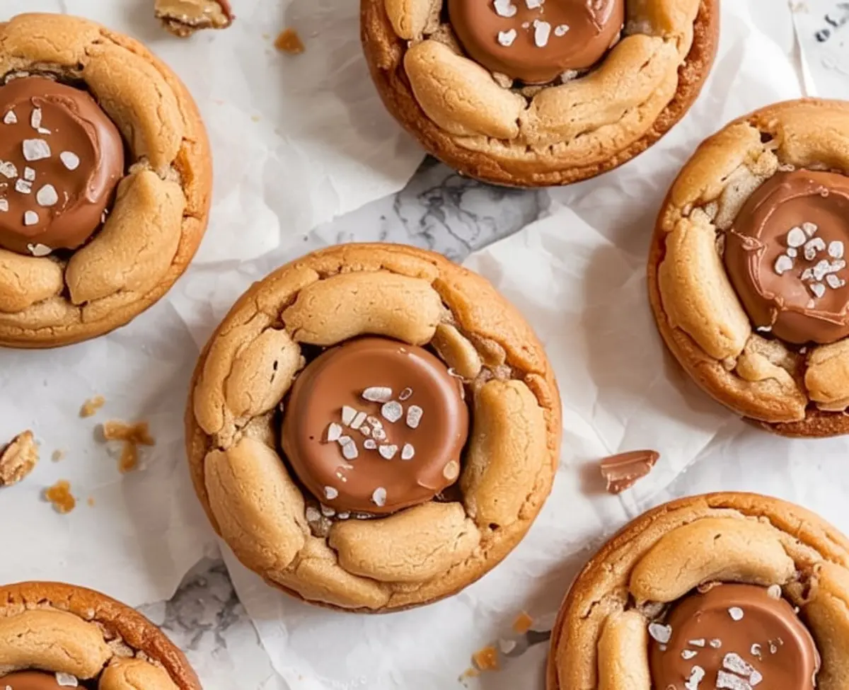 Overhead view of peanut butter cup stuffed cookies on parchment paper, with golden brown cookie edges and melted chocolate peanut butter centers sprinkled with sea salt flakes.