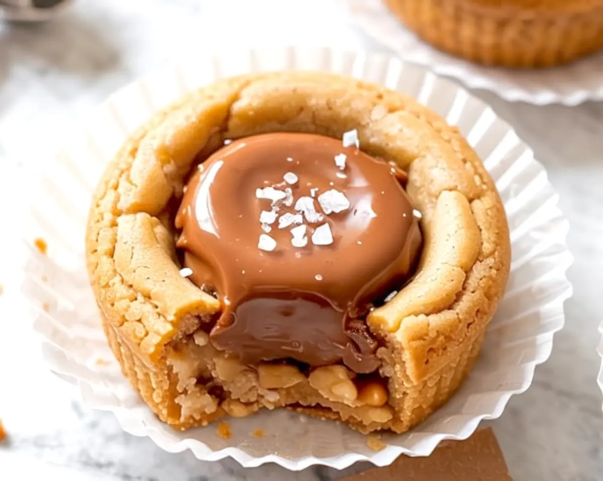 Single peanut butter cup stuffed cookie with a bite taken out, revealing a rich, gooey peanut butter filling inside a soft cookie base, topped with melted chocolate and coarse sea salt.