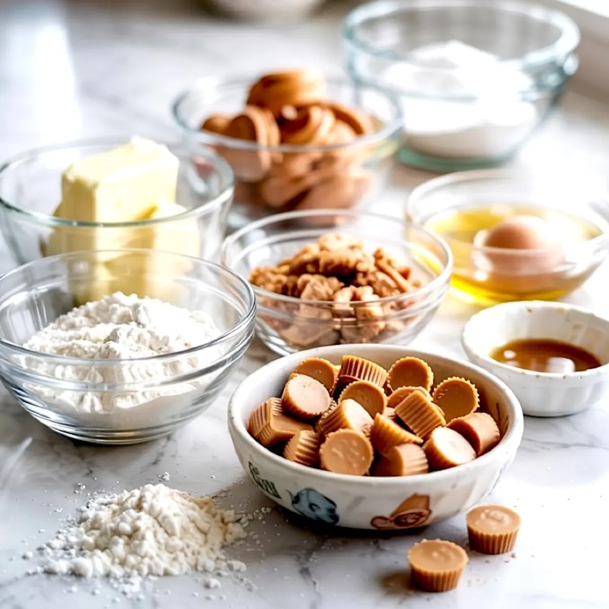 Glass bowls with ingredients for peanut butter cup stuffed cookies, including flour, butter, sugar, eggs, vanilla, crushed cookies, and mini peanut butter cups arranged on a marble countertop.