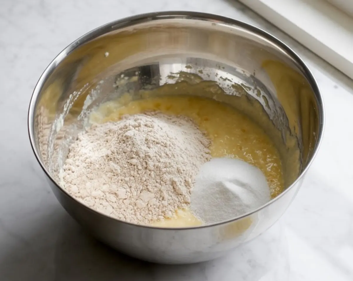 Metal mixing bowl filled with wet cookie dough base, topped with a mound of all-purpose flour and granulated sugar, ready to be combined for peanut butter cookie dough.