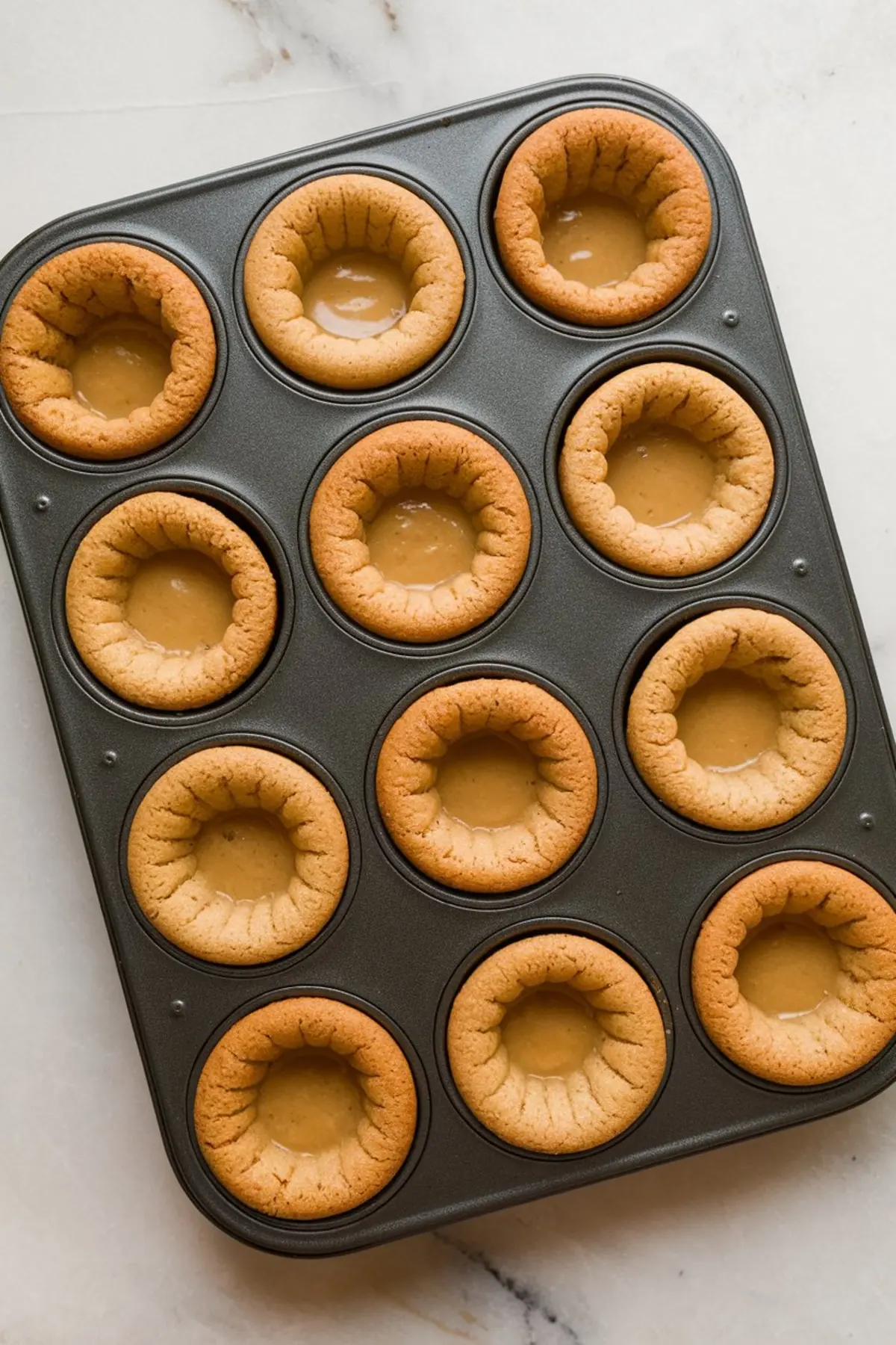Nonstick muffin tin filled with freshly baked cookie cups, each with a sunken center ready to be filled, showing even golden edges and soft centers.