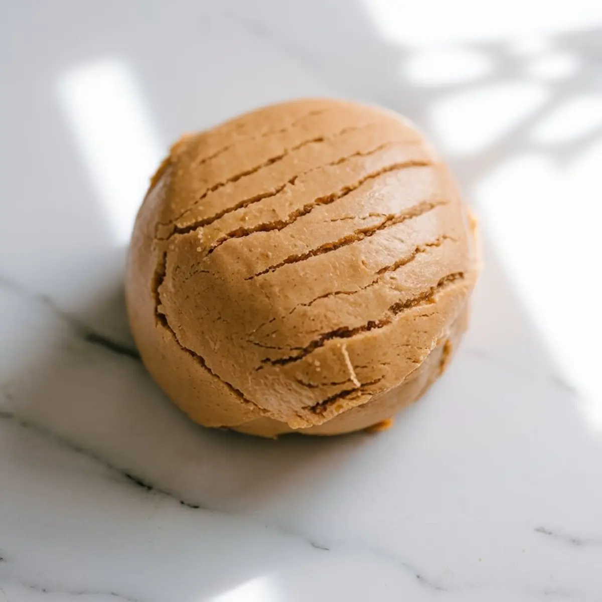 Ball of smooth peanut butter cookie dough resting on a white marble surface, showcasing visible texture lines and a golden brown color.