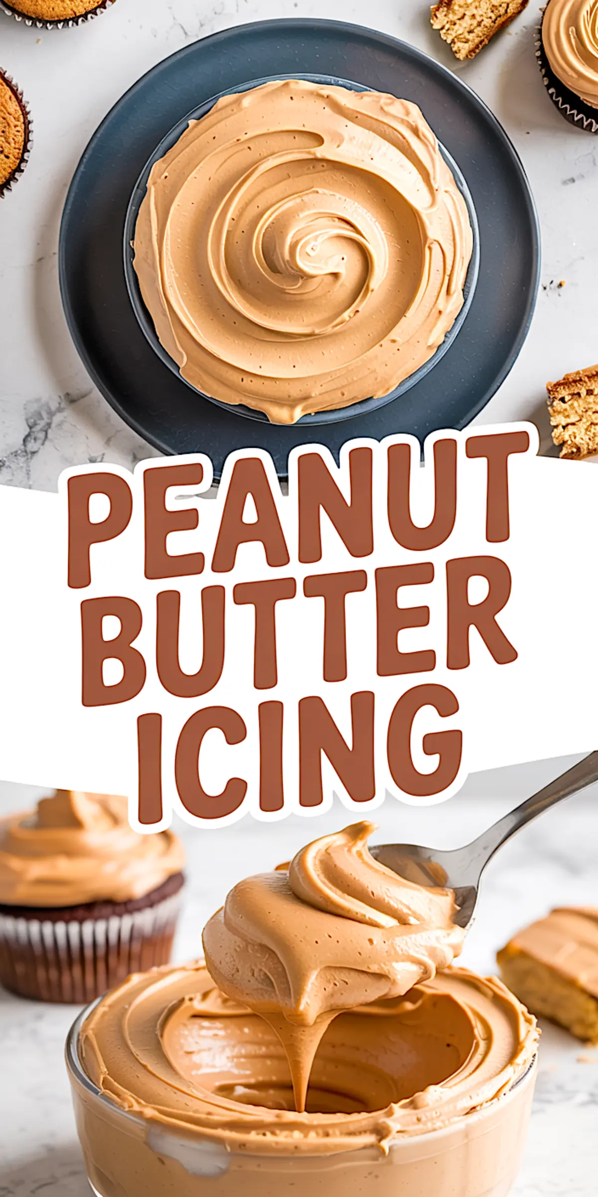 Collage image showing creamy peanut butter icing in a black bowl and being scooped with a spoon, with text overlay reading “Peanut Butter Icing” and scattered cupcakes in the background.
