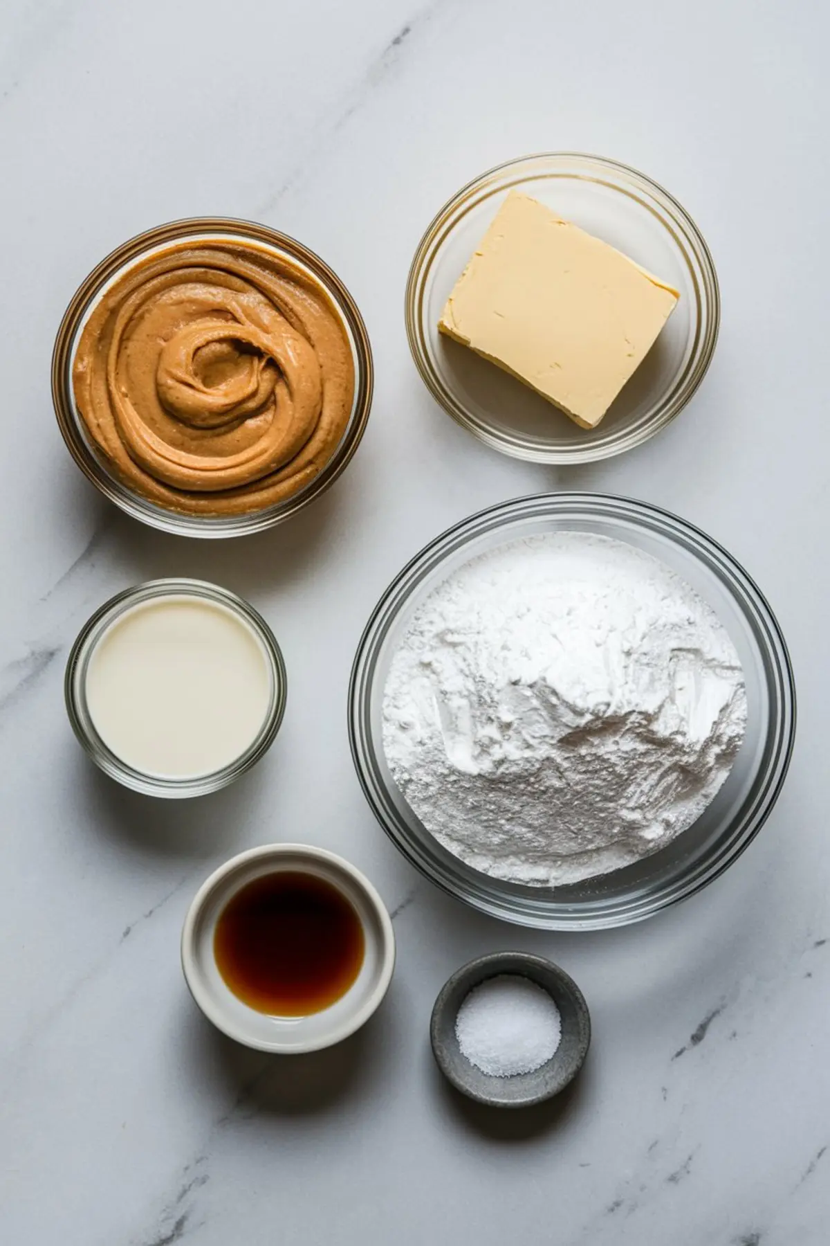 Overhead view of measured ingredients for peanut butter frosting, including peanut butter, butter, powdered sugar, milk, vanilla extract, and salt, arranged in glass bowls on a white surface.
