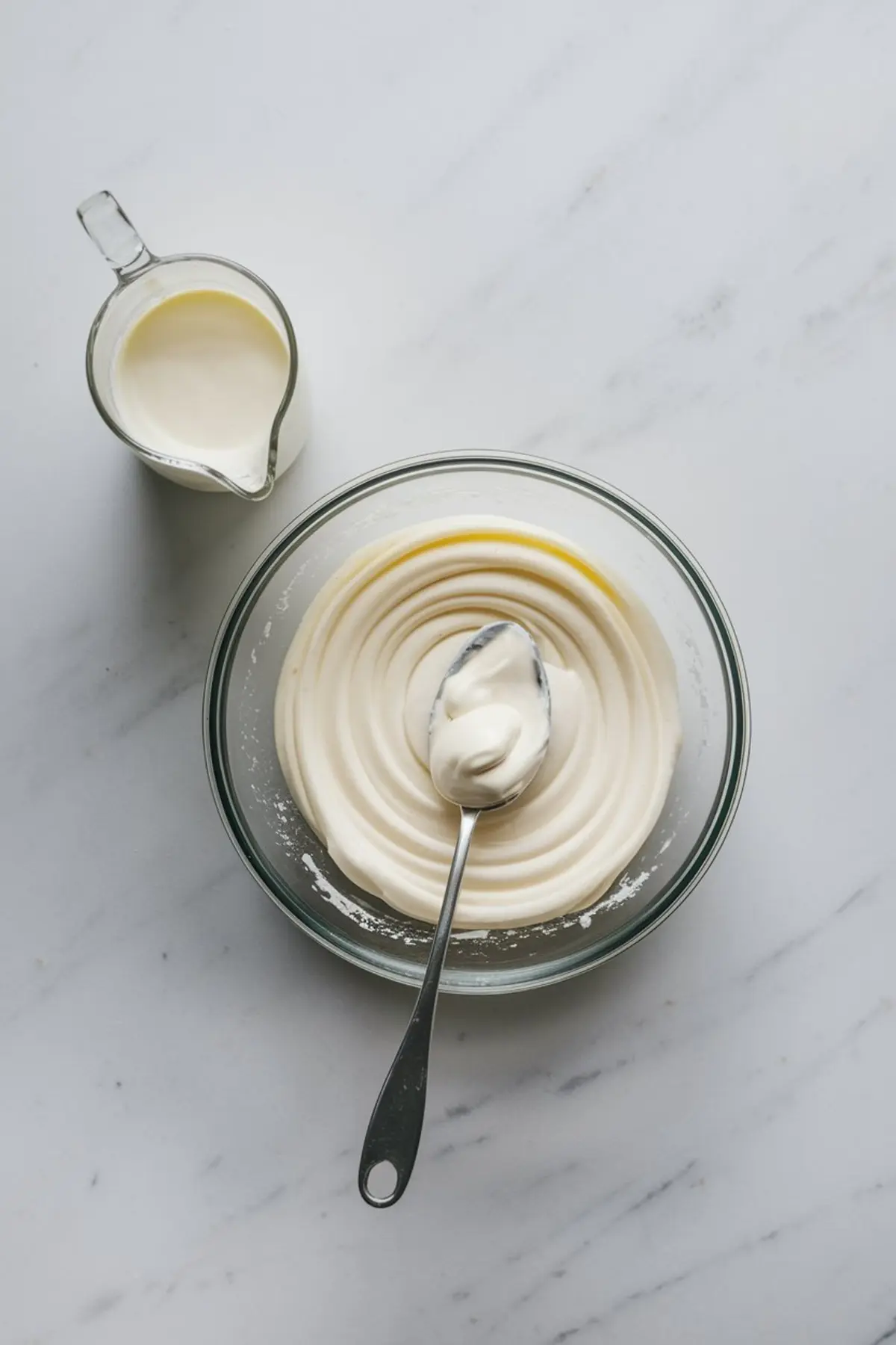 Glass bowl filled with whipped cream frosting, a spoon resting on top, with a small pitcher of cream beside it on a white marble background.
