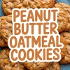 Plate of golden brown peanut butter oatmeal cookies arranged on a blue plate, topped with peanuts and oats, with a central bold text overlay reading “Peanut Butter Oatmeal Cookies.”
