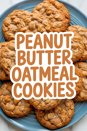 Plate of golden brown peanut butter oatmeal cookies arranged on a blue plate, topped with peanuts and oats, with a central bold text overlay reading “Peanut Butter Oatmeal Cookies.”