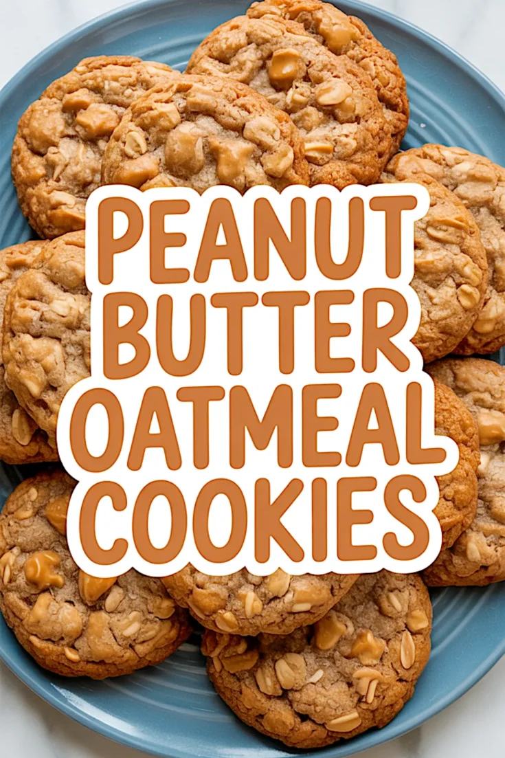 Plate of golden brown peanut butter oatmeal cookies arranged on a blue plate, topped with peanuts and oats, with a central bold text overlay reading “Peanut Butter Oatmeal Cookies.”