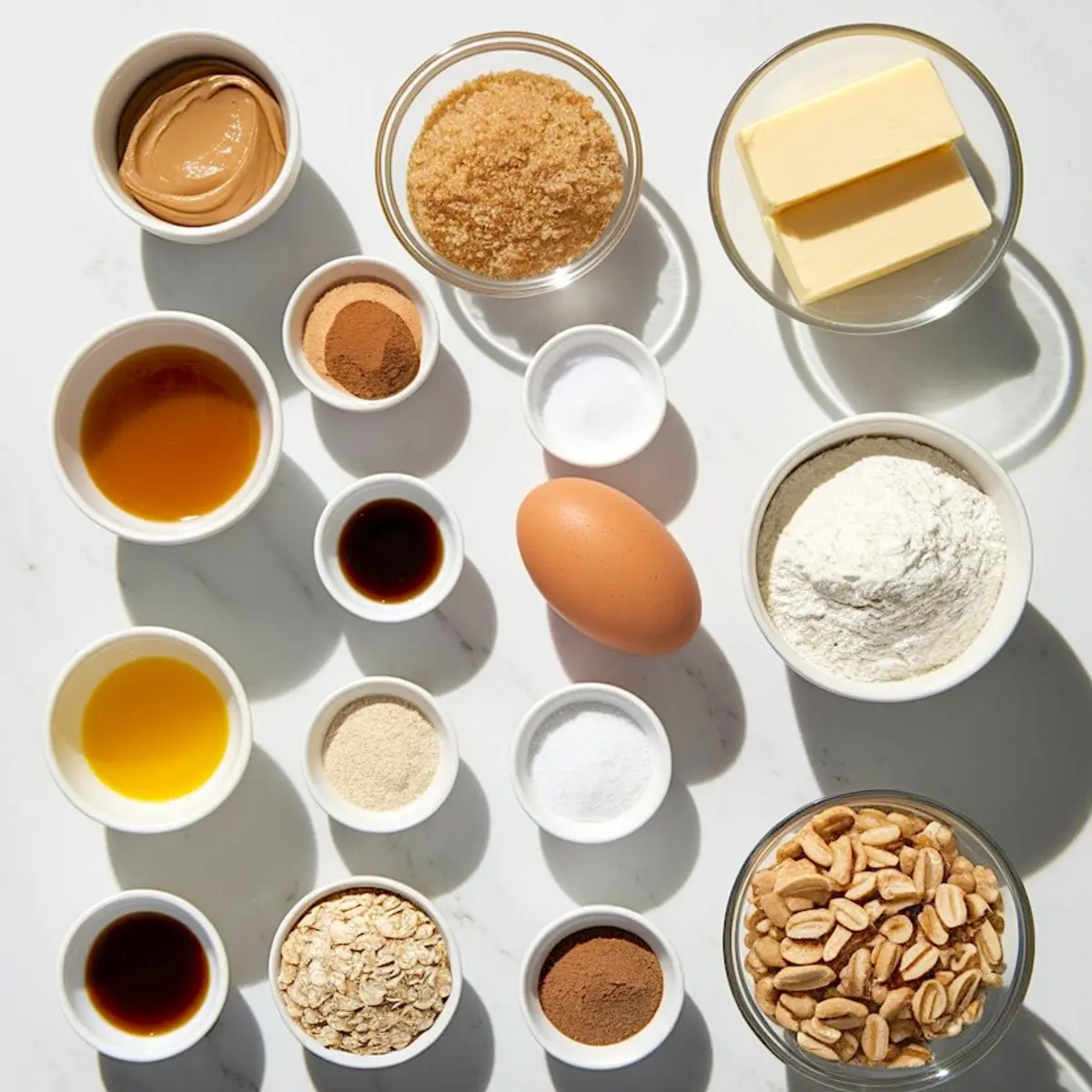 Assorted ingredients for peanut butter oatmeal cookies displayed on a white surface, including peanut butter, brown sugar, butter sticks, flour, egg, rolled oats, peanuts, cinnamon, baking powder, vanilla extract, honey, and salt.