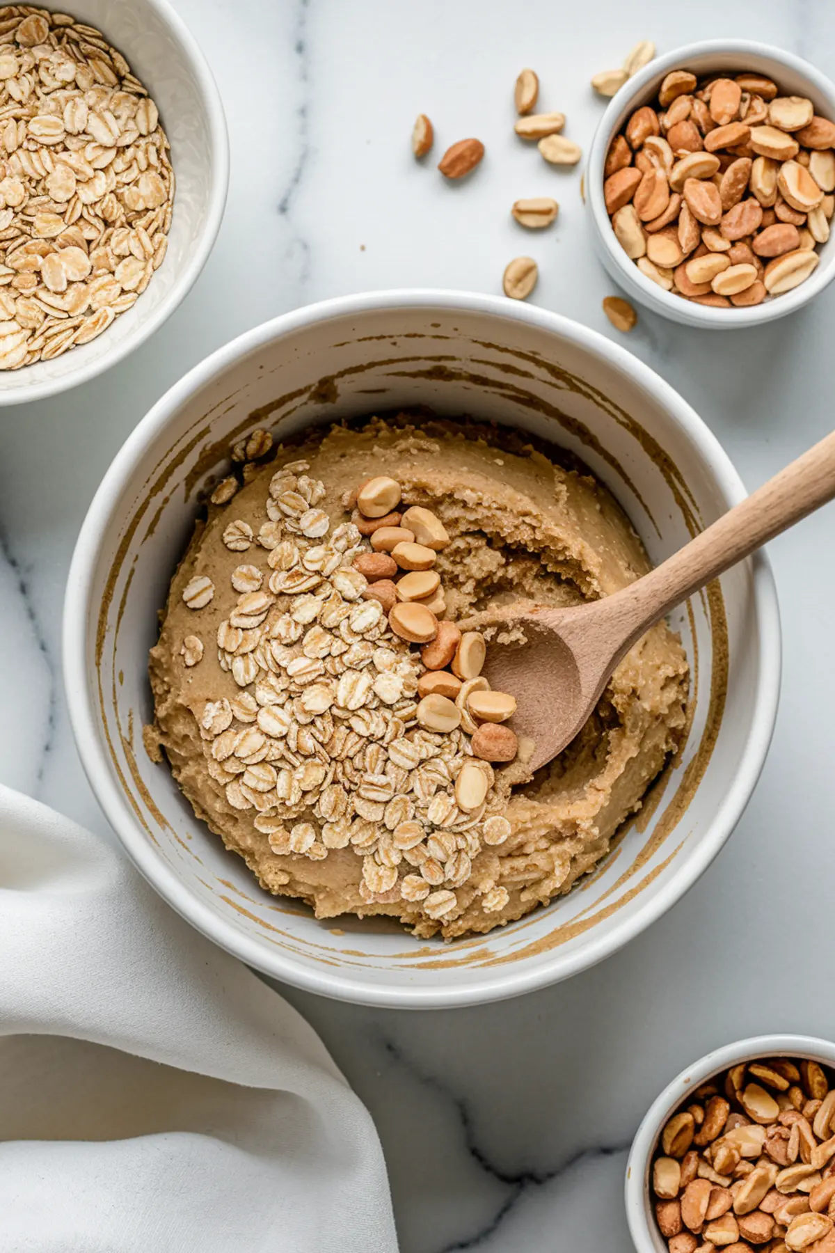 Peanut butter oatmeal cookie dough in a white mixing bowl with a wooden spoon, topped with rolled oats and peanuts, surrounded by small bowls of oats and peanuts on a marble countertop.