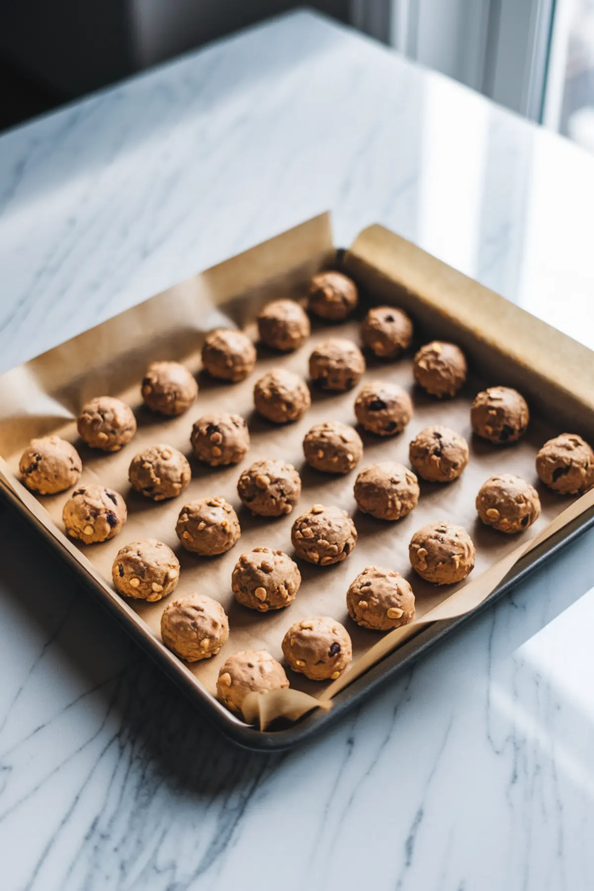 Baking tray lined with parchment paper holding evenly spaced scoops of peanut butter oatmeal cookie dough studded with peanuts and oats, set on a marble surface.