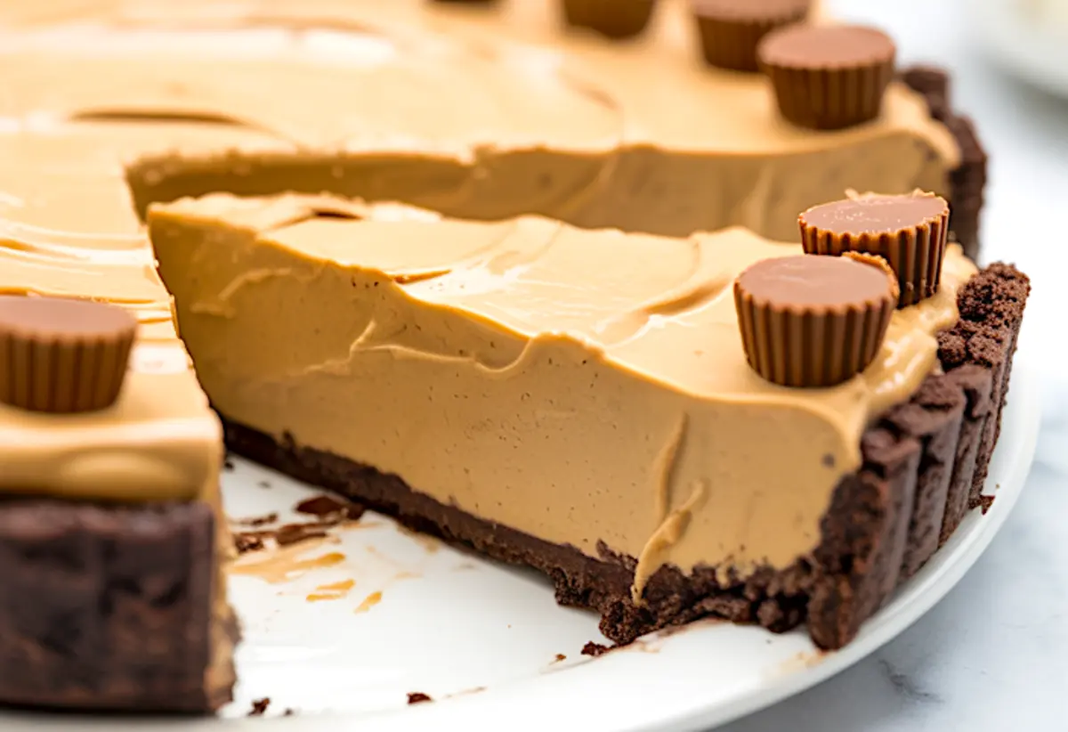 Close-up of a sliced peanut butter pie with creamy peanut butter filling, rich chocolate cookie crust, and mini peanut butter cups arranged on top.