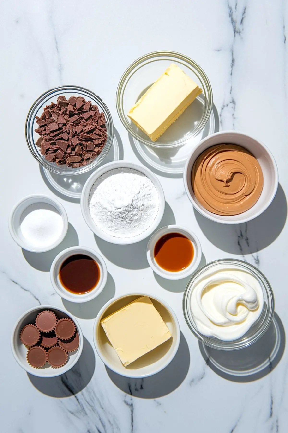 Flat lay of peanut butter pie ingredients on marble, including chopped chocolate, butter, creamy peanut butter, powdered sugar, mini peanut butter cups, granulated sugar, vanilla extract, and whipped cream.
