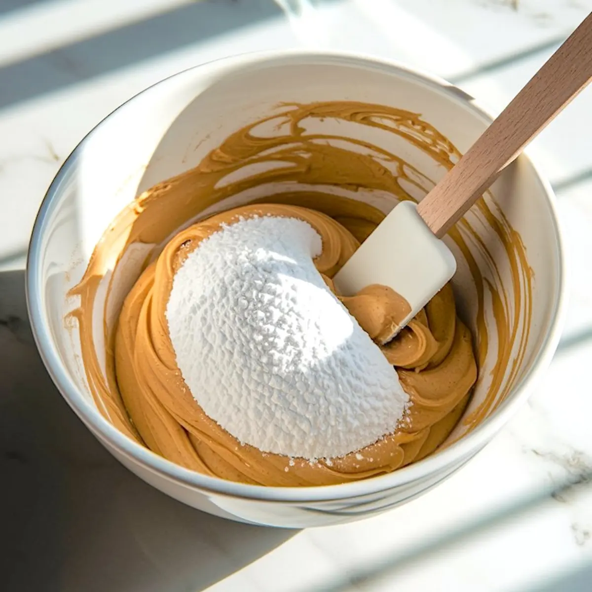 White mixing bowl with peanut butter mixture and a mound of powdered sugar on top, ready to be folded with a rubber spatula.