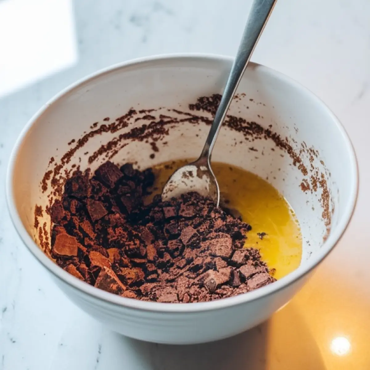 White mixing bowl containing chopped chocolate and melted butter being combined with a spoon on a white marble surface.