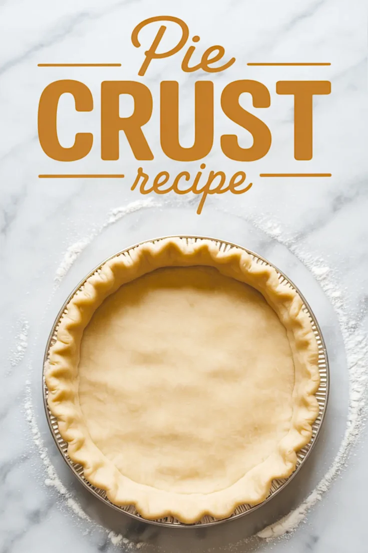 Overhead image of a crimped unbaked pie crust in a foil pan on a floured surface, with the text “Pie Crust Recipe” in bold above the crust.