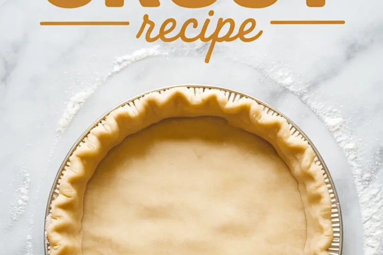 Overhead image of a crimped unbaked pie crust in a foil pan on a floured surface, with the text “Pie Crust Recipe” in bold above the crust.