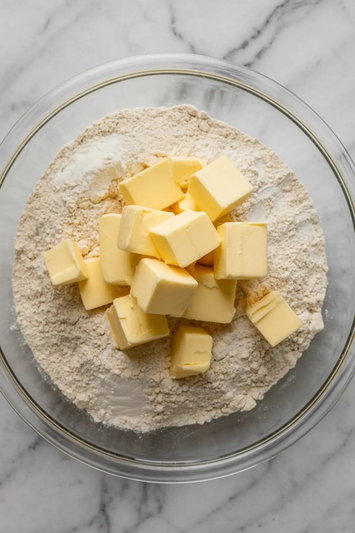 Cubes of cold butter on a mound of flour inside a clear glass mixing bowl, placed on a marble countertop, showing ingredients for homemade pie crust.
