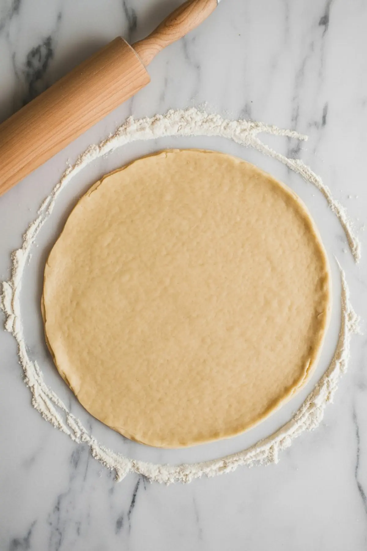 Rolled-out pie dough in a circular shape on a floured marble surface with a wooden rolling pin beside it, ready to be placed into a pie pan.

