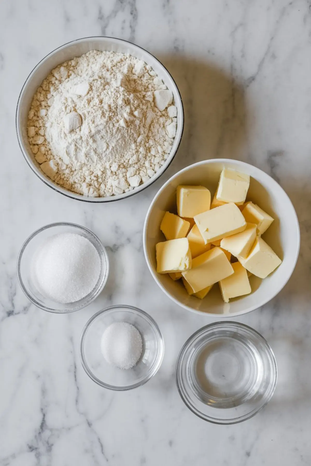 Overhead view of baking ingredients in bowls on marble—flour, butter, granulated sugar, salt, and water—used for making a basic pie crust.
