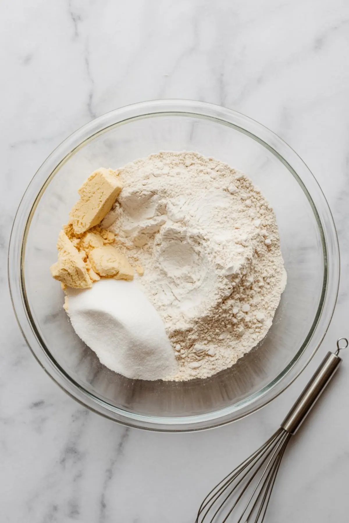 Flour, sugar, and chunks of butter in a large glass bowl on a marble surface with a metal whisk beside it, displaying the start of pie dough mixing.
