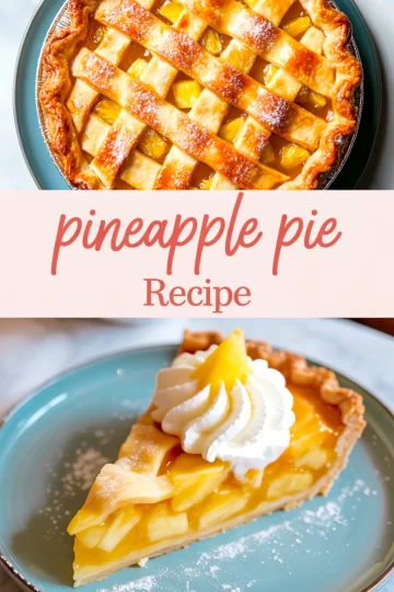 Split image showing a whole pineapple lattice pie above and a slice served on a blue plate below, topped with whipped cream and pineapple garnish, with the text “pineapple pie recipe” centered in pink.