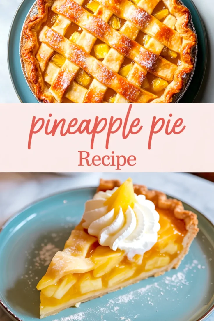 Split image showing a whole pineapple lattice pie above and a slice served on a blue plate below, topped with whipped cream and pineapple garnish, with the text “pineapple pie recipe” centered in pink.