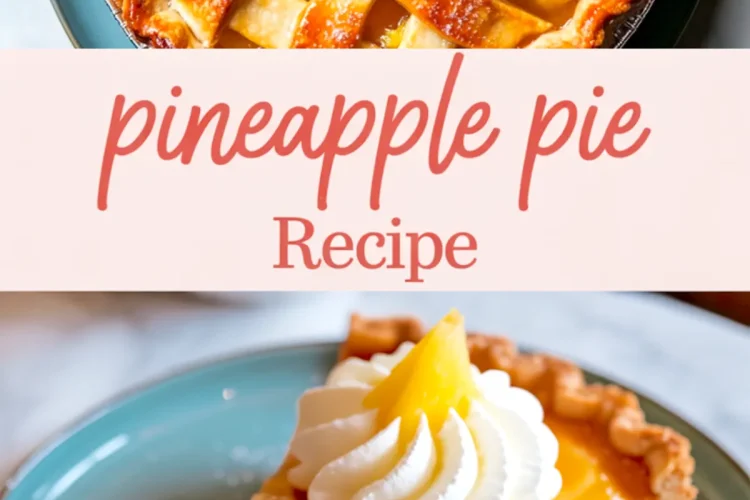 Split image showing a whole pineapple lattice pie above and a slice served on a blue plate below, topped with whipped cream and pineapple garnish, with the text “pineapple pie recipe” centered in pink.