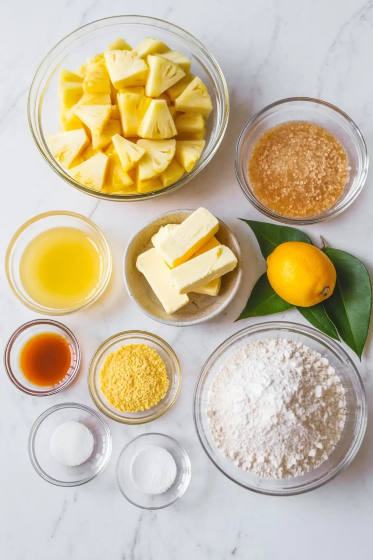 Top-down view of pineapple pie ingredients on a marble surface, including fresh pineapple chunks, brown sugar, butter, lemon, lemon juice, vanilla extract, flour, and baking powder, laid out in clear glass bowls for baking preparation.