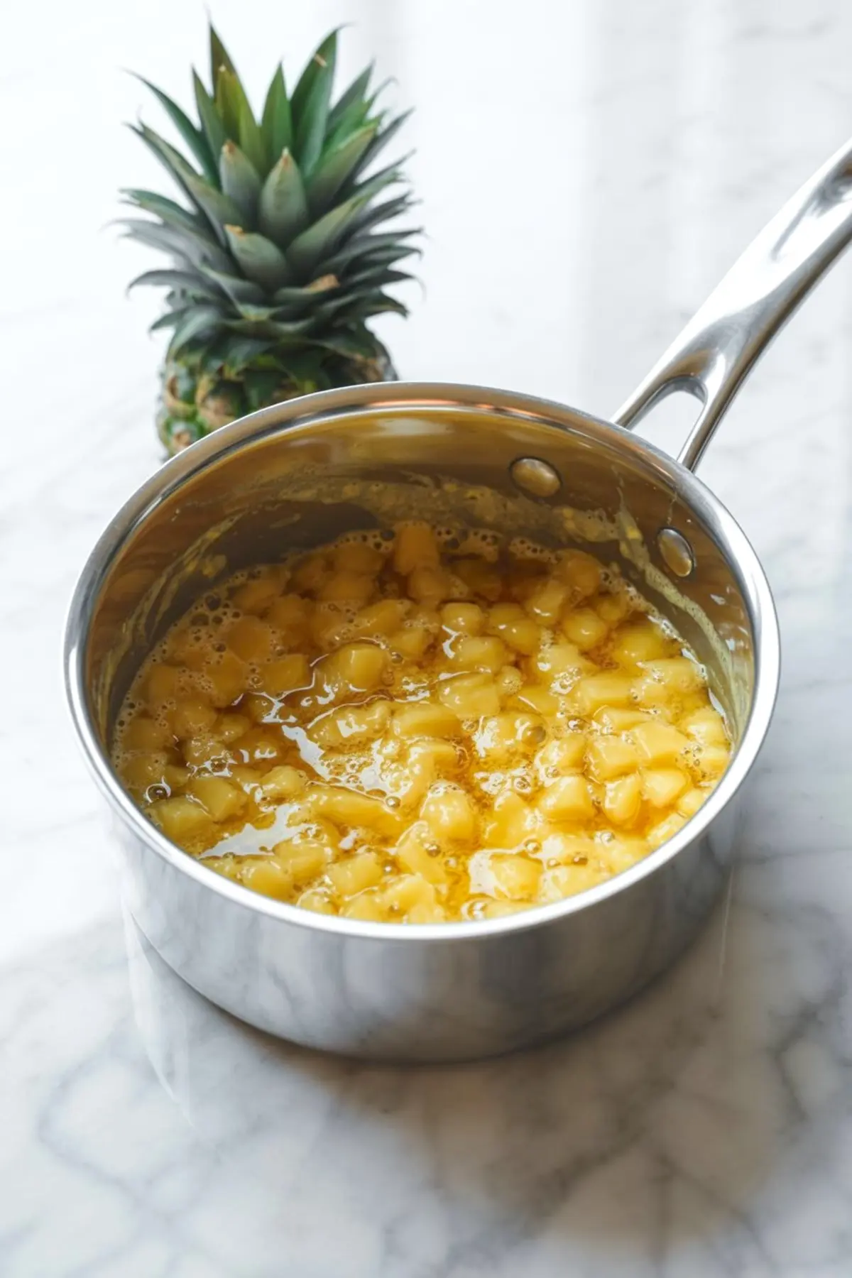 Fresh pineapple chunks simmering in a saucepan, creating a glossy pineapple pie filling with visible fruit pieces and syrupy liquid on a marble countertop, with a whole pineapple in the background.