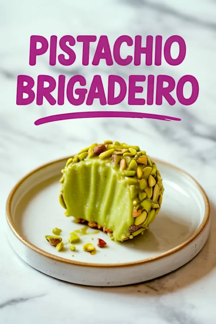Pistachio brigadeiro with a bite taken out, showing its creamy green filling and coated in chopped pistachios, served on a small ceramic plate.