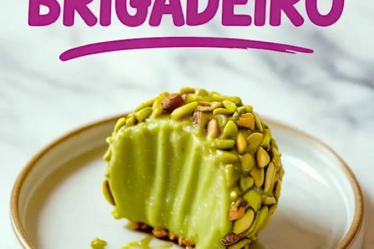 Pistachio brigadeiro with a bite taken out, showing its creamy green filling and coated in chopped pistachios, served on a small ceramic plate.