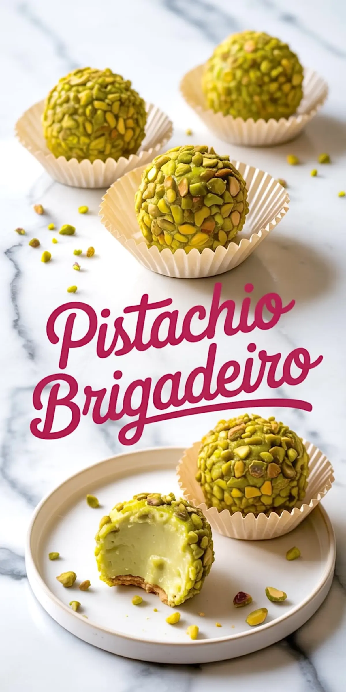 Collage image of pistachio brigadeiros in paper cups, with one cut open to reveal a smooth, pale green center, scattered pistachio pieces on marble surface.