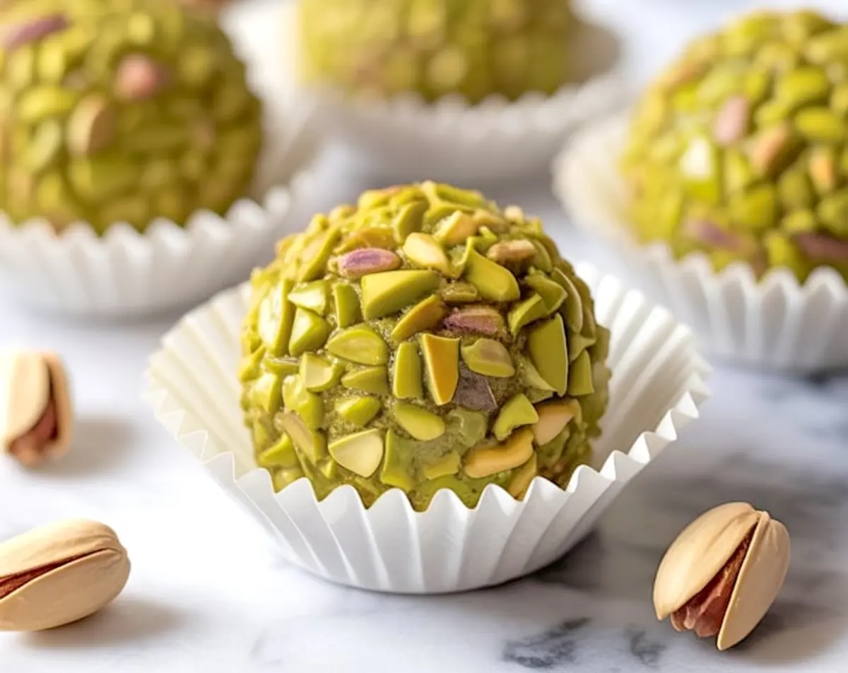 Close-up of a single pistachio brigadeiro covered in chopped pistachios, placed in a white cupcake liner, surrounded by whole pistachios.