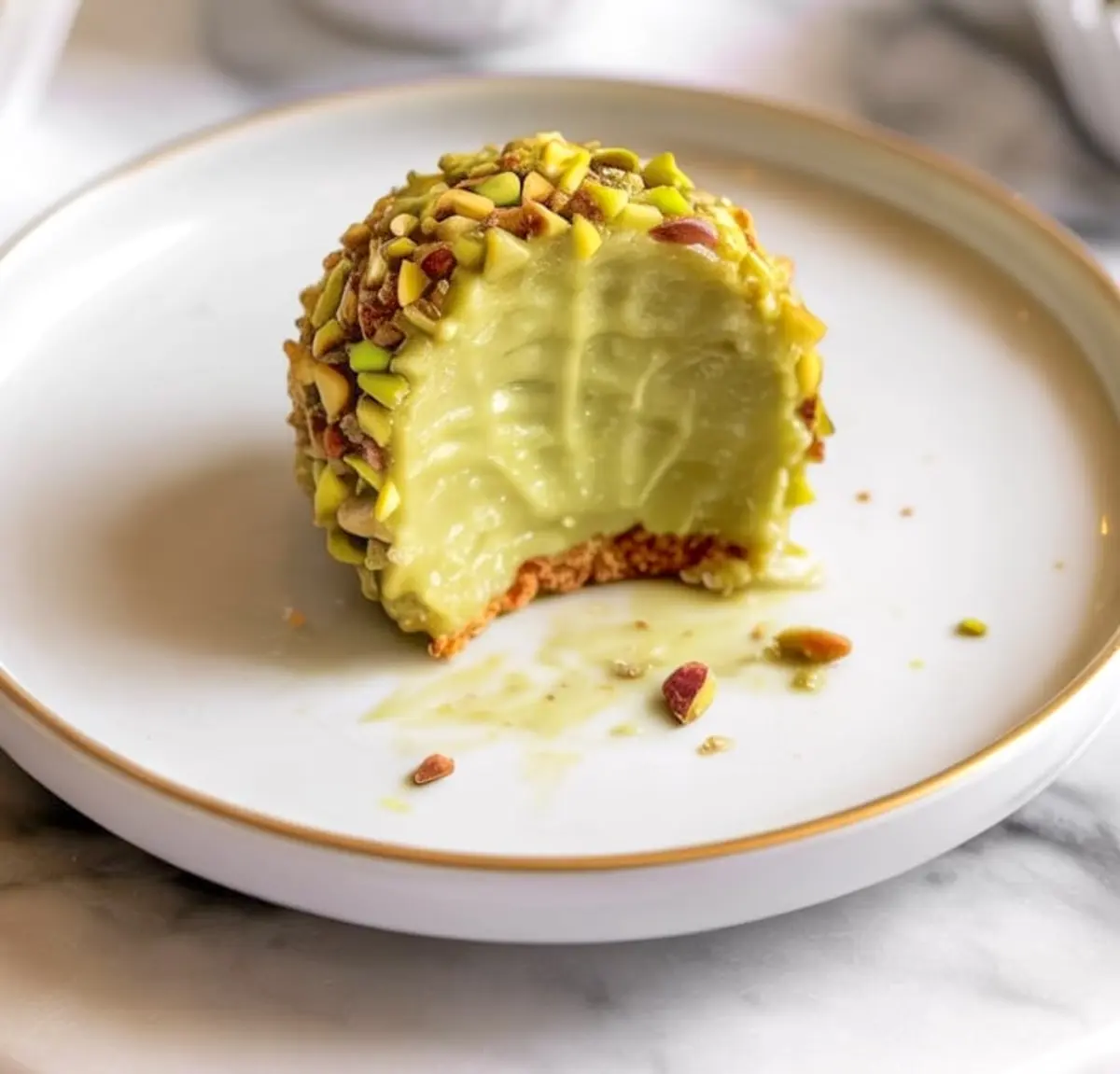 Pistachio brigadeiro with a bite missing, revealing a thick, creamy filling and a crunchy pistachio shell, served on a white plate with gold rim.