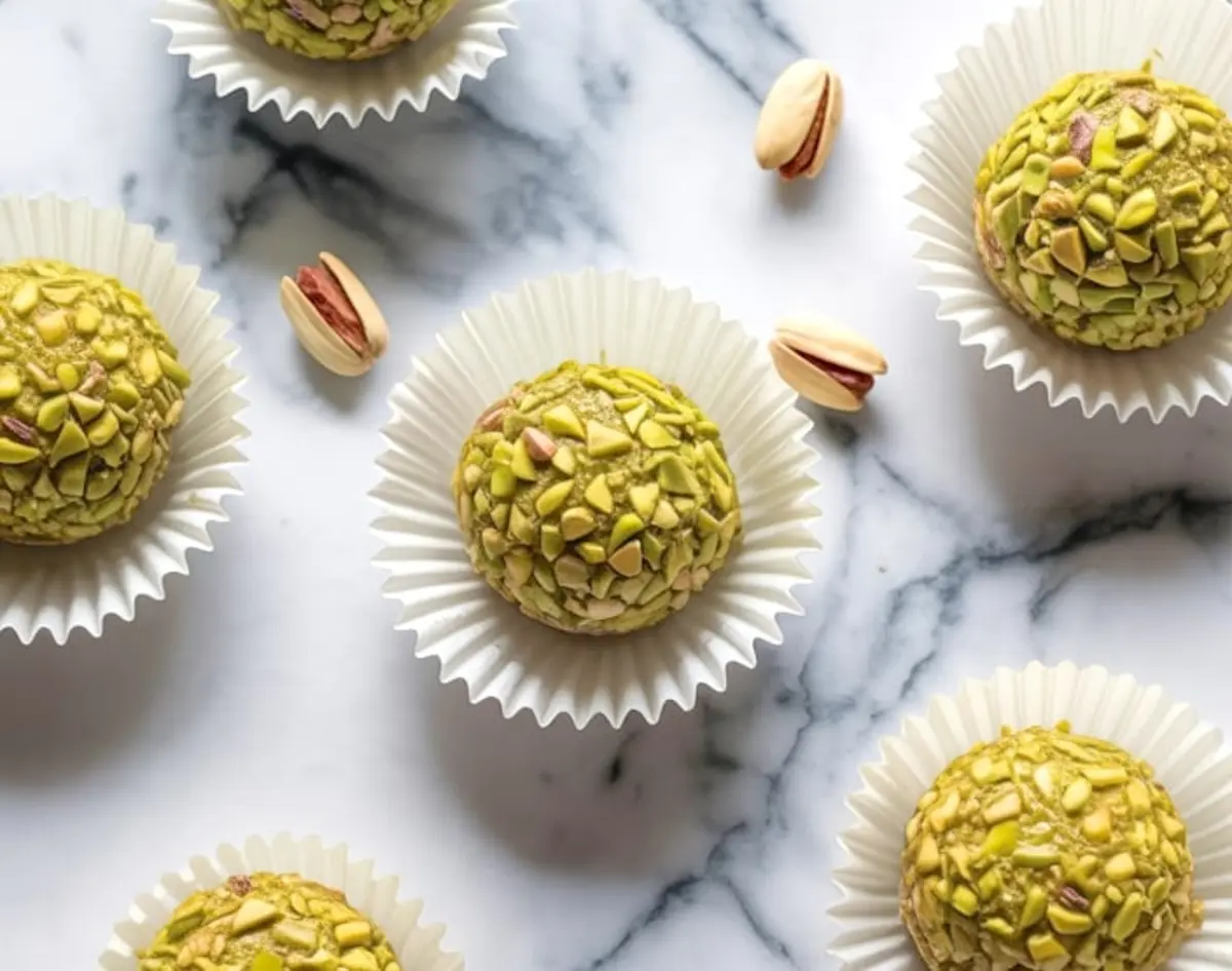 Overhead shot of pistachio brigadeiros arranged in white liners on marble, with whole pistachios scattered around.
