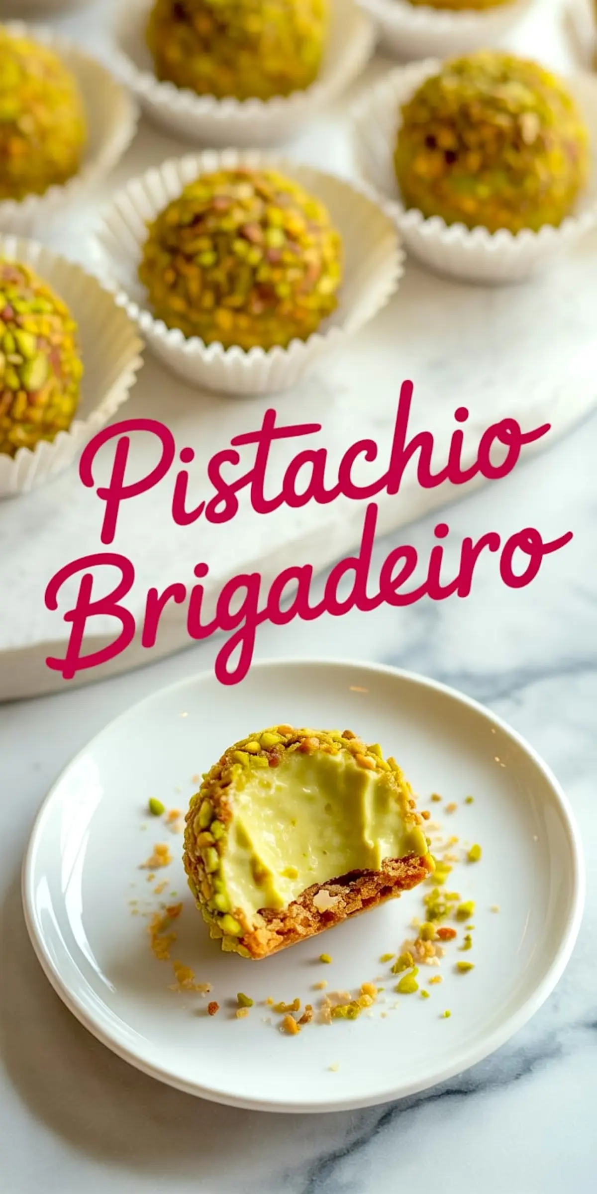 Collage image of pistachio brigadeiros in liners with one halved on a plate, showcasing its velvety filling and crisp coating, text overlay says “Pistachio Brigadeiro.”