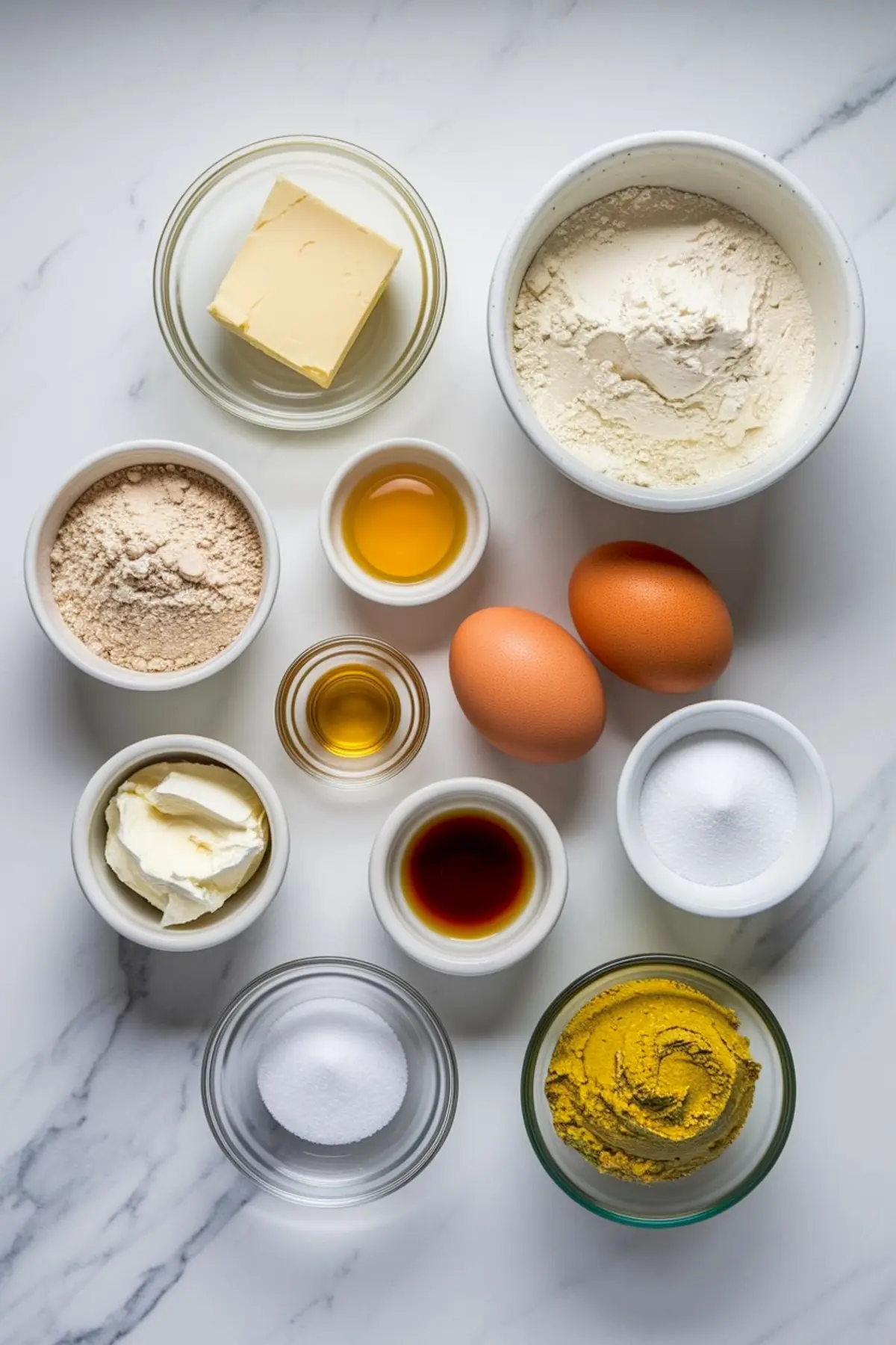Flat lay of baking ingredients in bowls including butter, flour, sugar, brown sugar, eggs, vanilla extract, cream cheese, and pistachio paste arranged on white marble countertop.