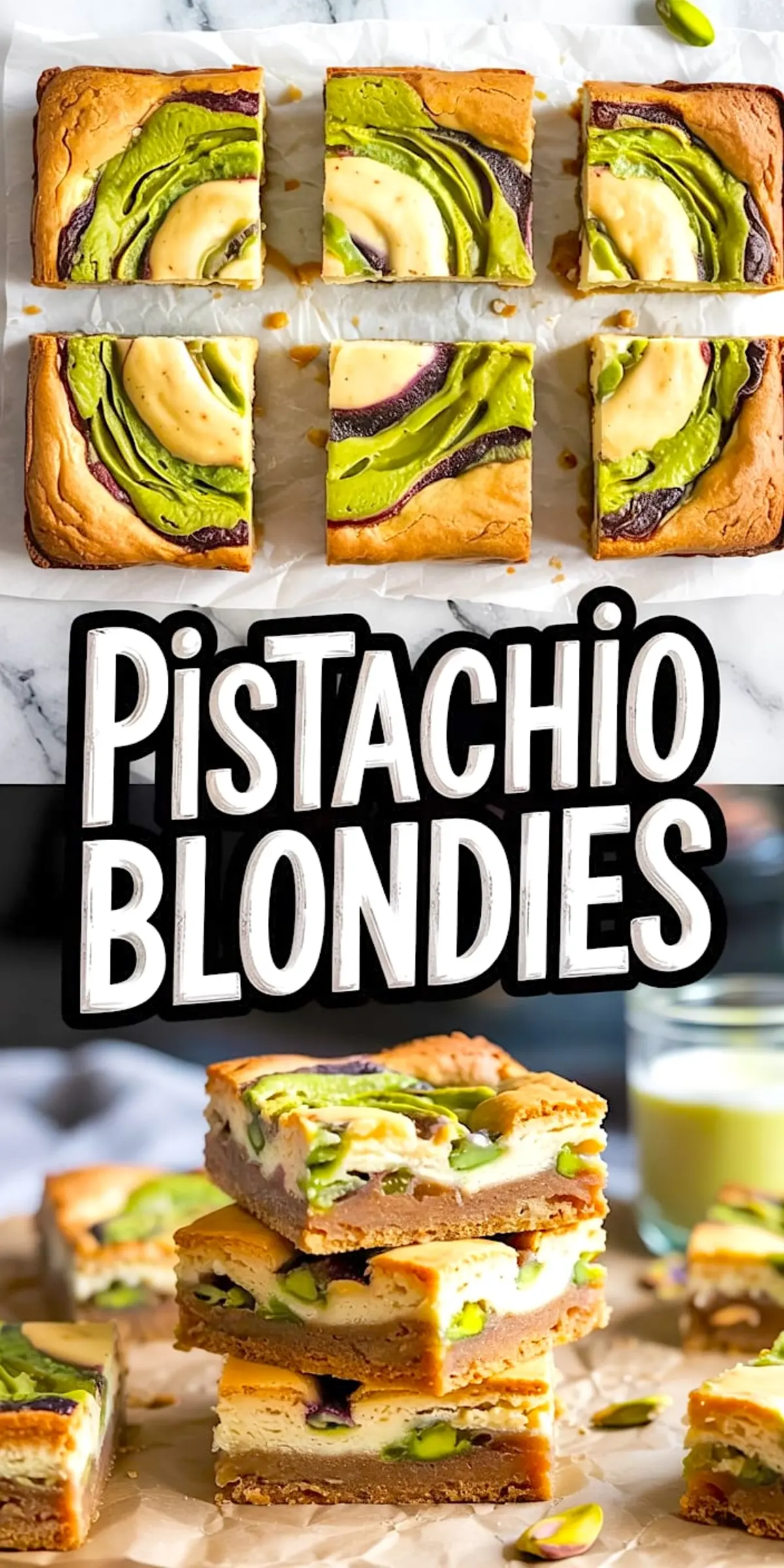 Top view of sliced pistachio blondies with vibrant green pistachio swirls, creamy cheesecake layers, and golden brown edges displayed on parchment paper.