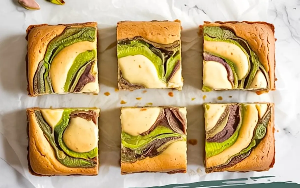 Overhead view of six pistachio cheesecake blondies arranged on white parchment, showcasing green pistachio paste, rich chocolate swirls, and creamy cheesecake filling.