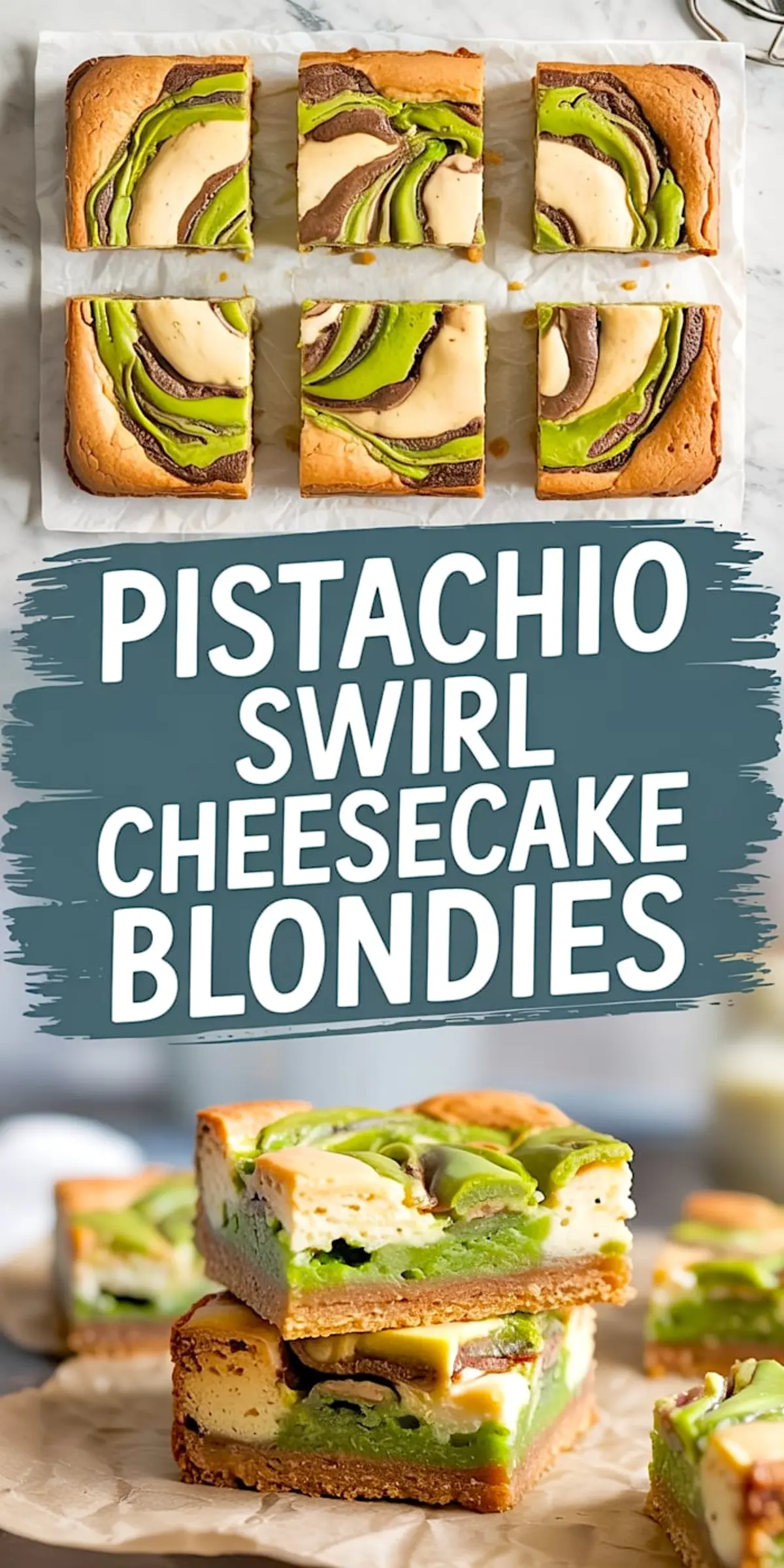 Pistachio swirl cheesecake blondies with green pistachio layers and creamy cheesecake filling, stacked on parchment paper with text overlay showcasing dessert name.