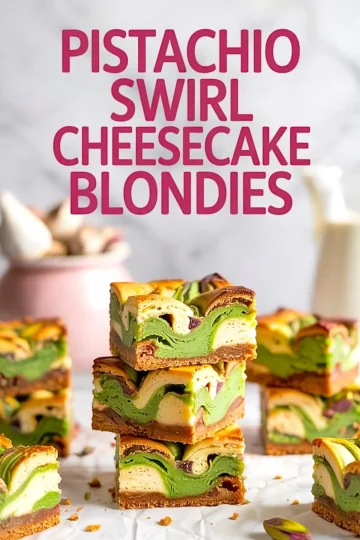Stacked pistachio swirl cheesecake blondies with visible layers of cheesecake, green pistachio paste, and dense golden blondie base, displayed against a blurred kitchen background.