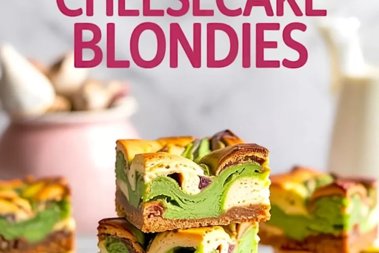 Stacked pistachio swirl cheesecake blondies with visible layers of cheesecake, green pistachio paste, and dense golden blondie base, displayed against a blurred kitchen background.