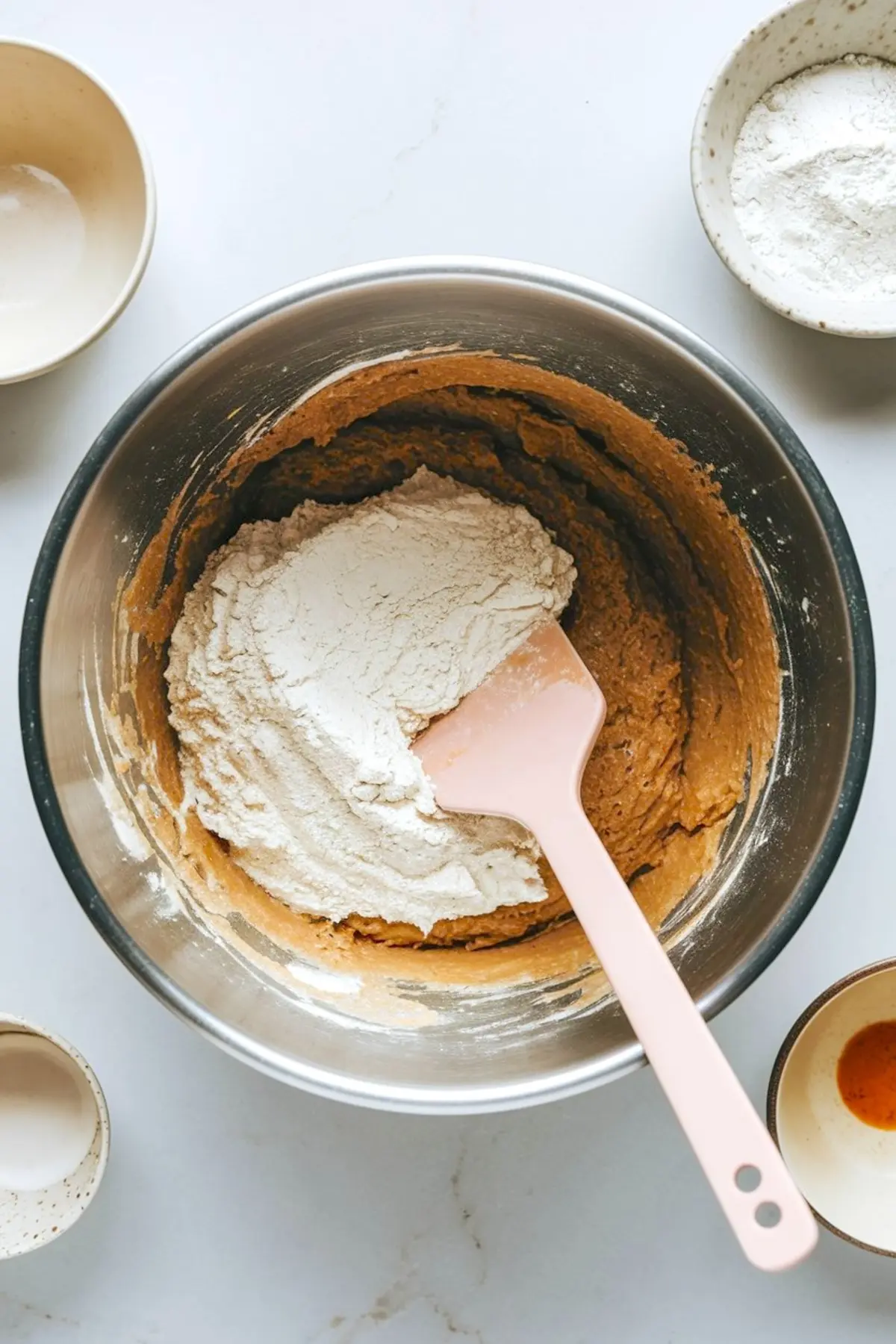 Mixing bowl containing blondie batter being combined with flour using a pink silicone spatula during the baking process.