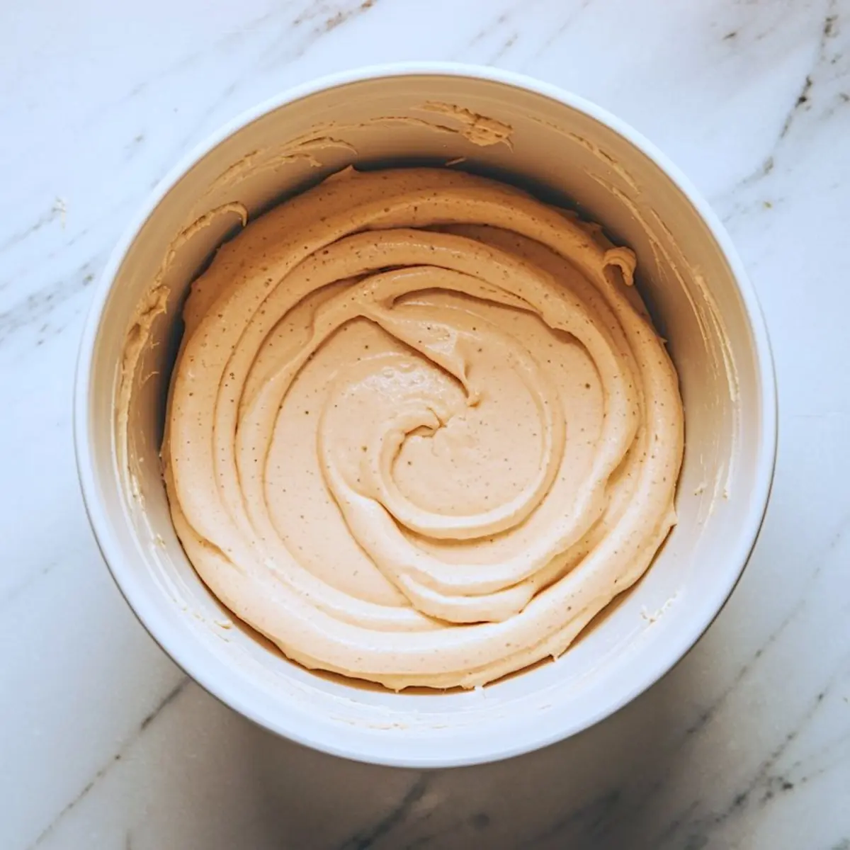 Flat lay of baking ingredients in bowls including butter, flour, sugar, brown sugar, eggs, vanilla extract, cream cheese, and pistachio paste arranged on white marble countertop.