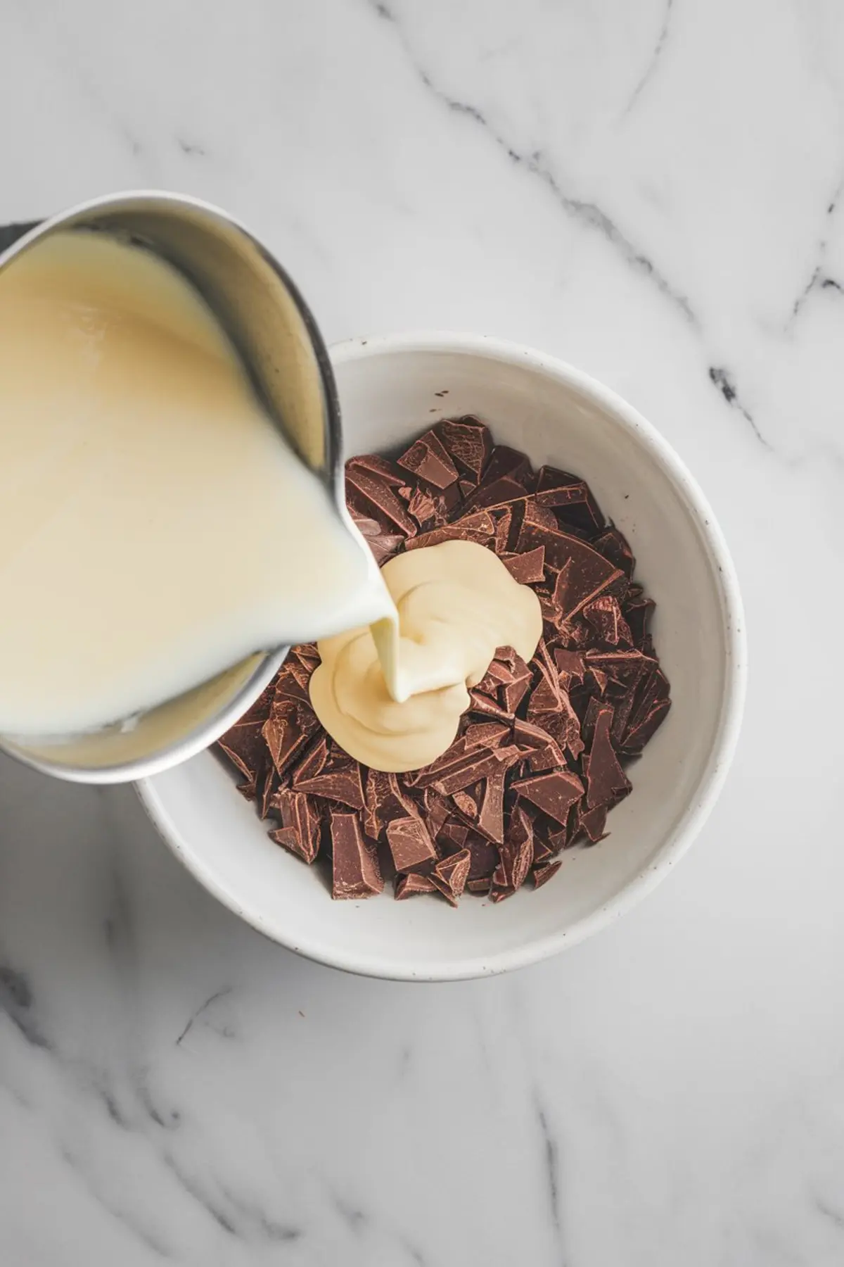 White chocolate ganache being poured from a saucepan over chopped dark chocolate chunks in a ceramic bowl on a marble countertop.